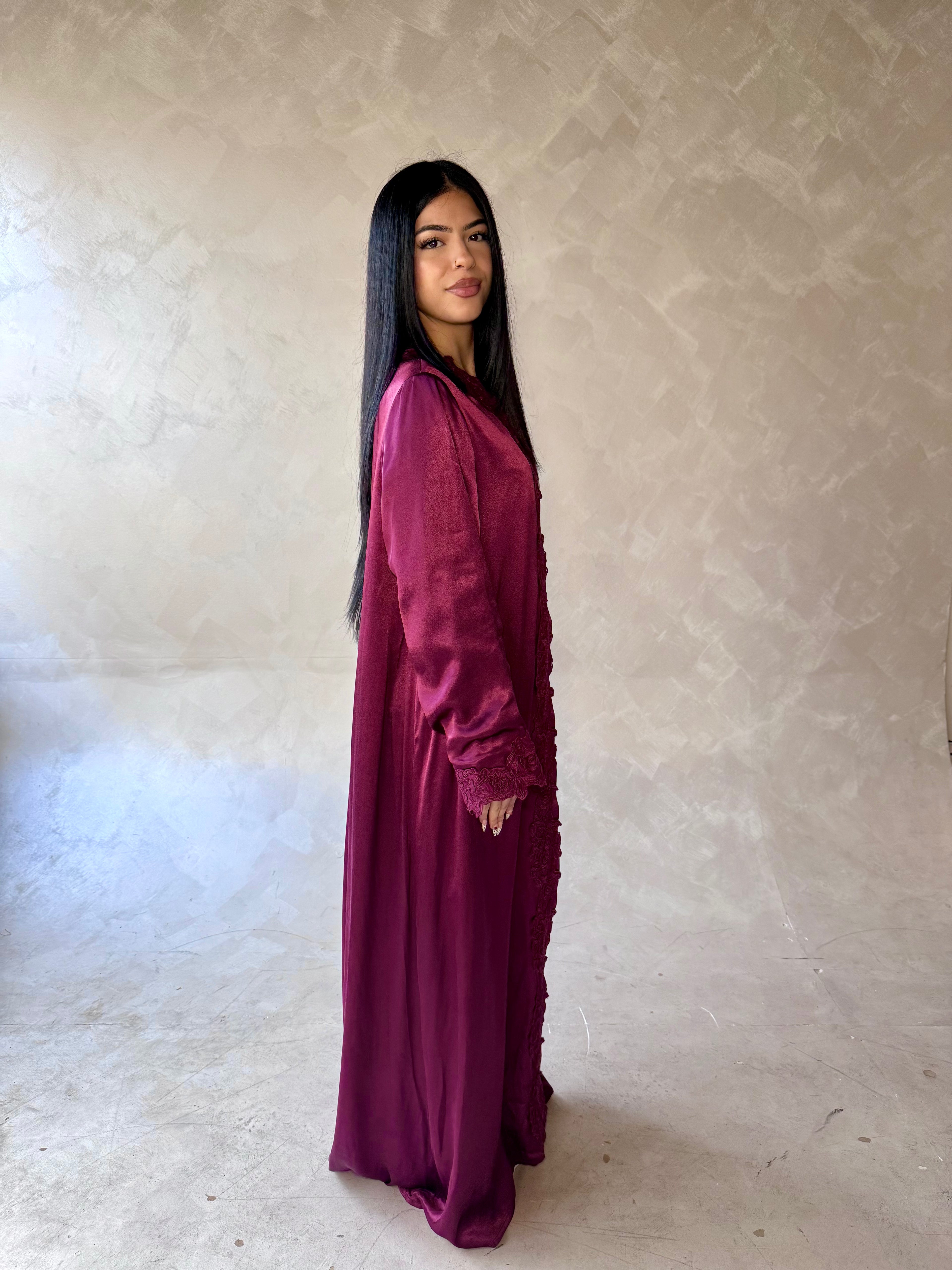 Floral Lace Abaya Plum Red