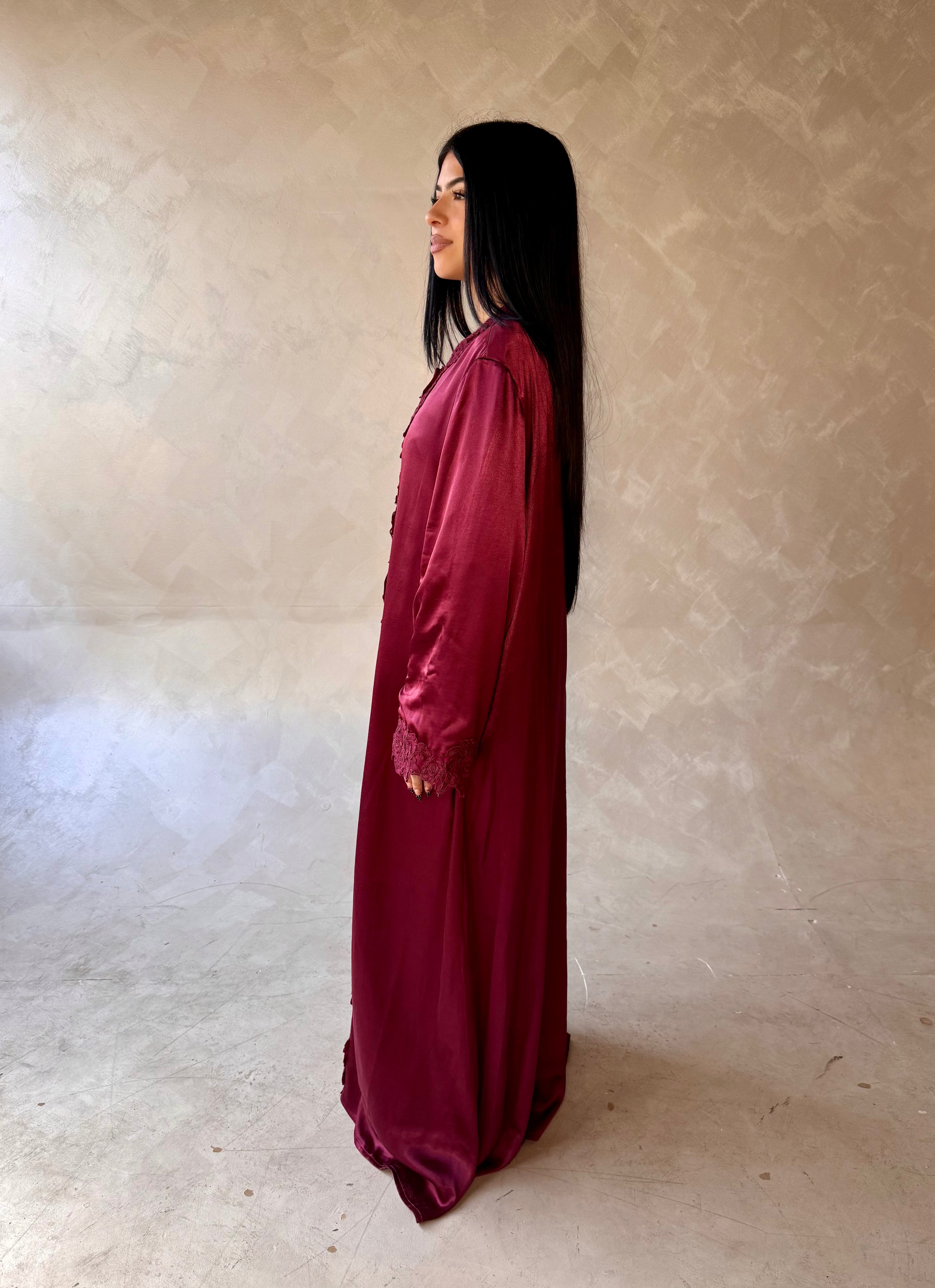 Floral Lace Abaya Plum Red