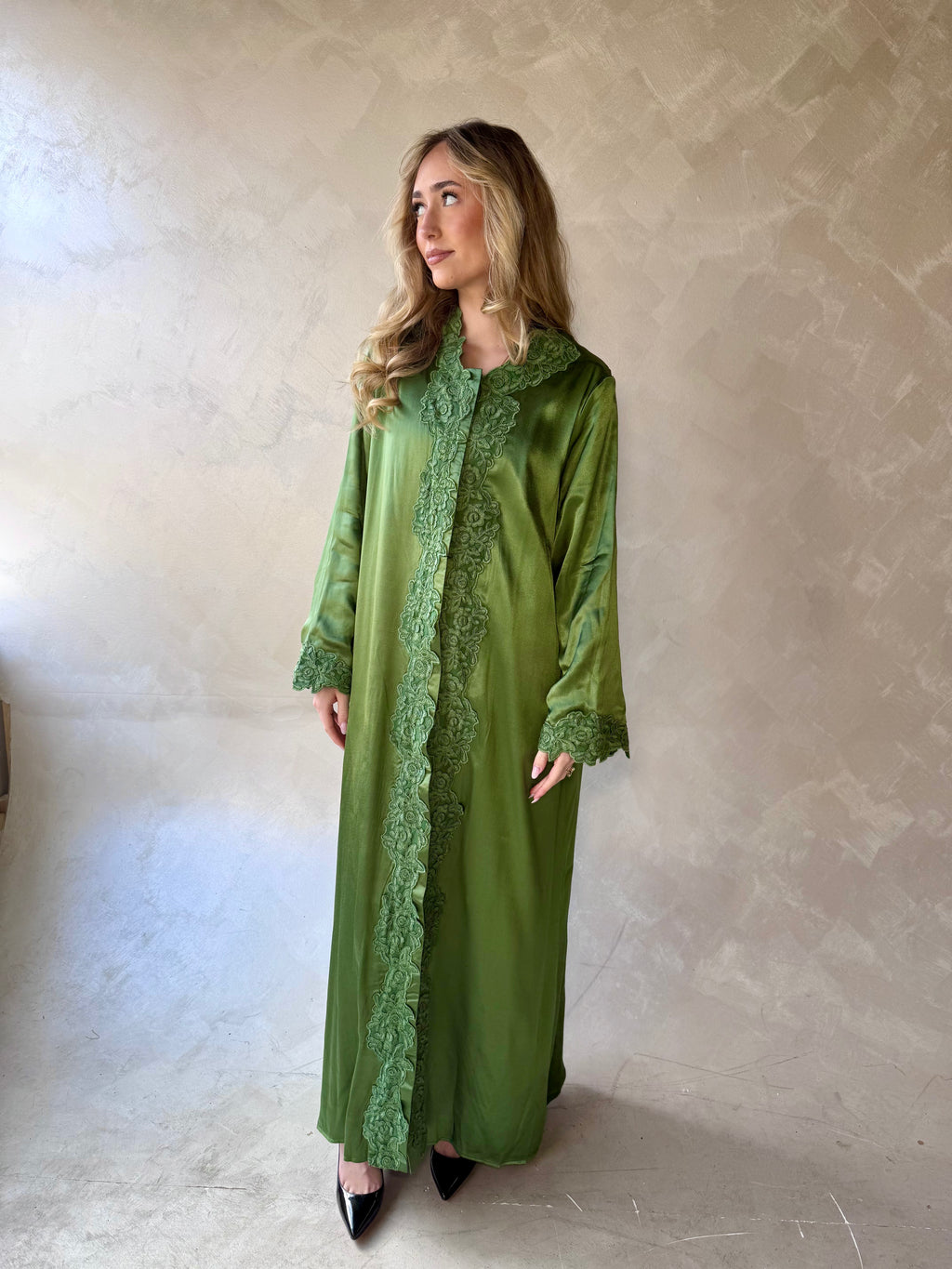 Floral Lace Abaya Olive Green