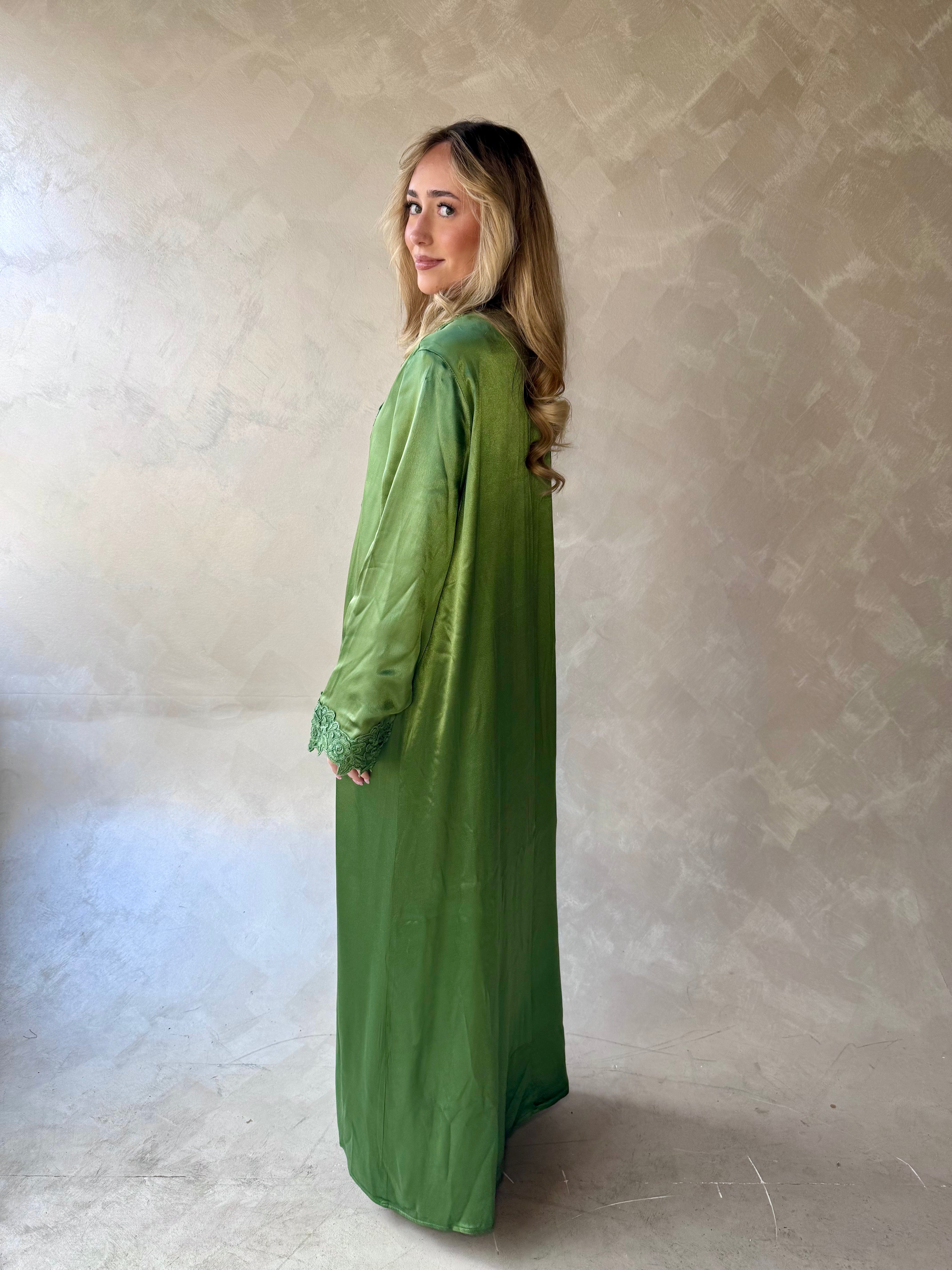 Floral Lace Abaya Olive Green