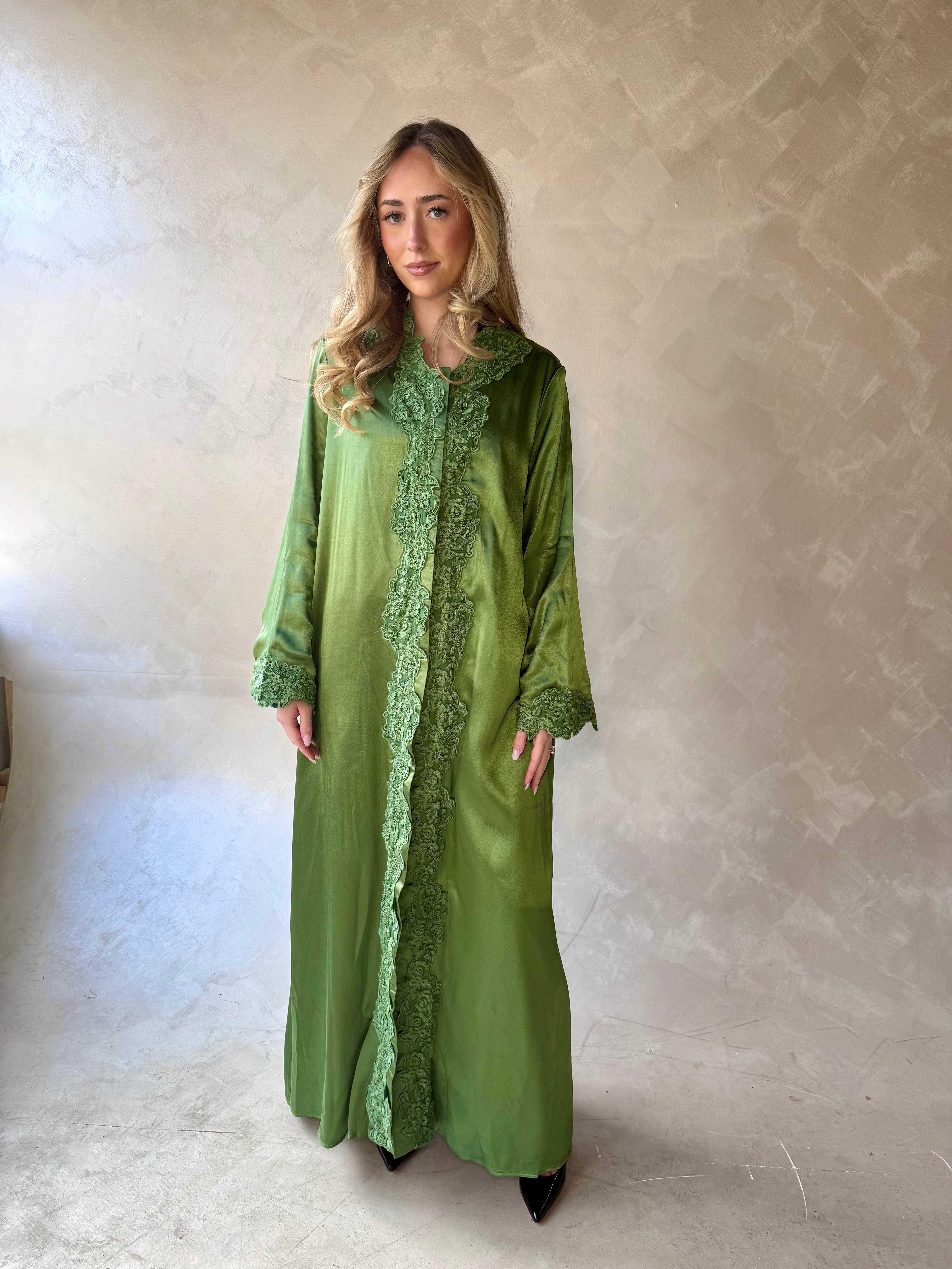 Floral Lace Abaya Olive Green