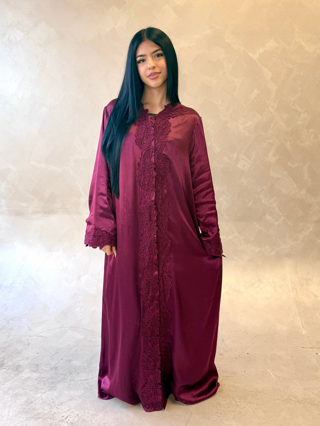 Floral Lace Abaya Plum Red